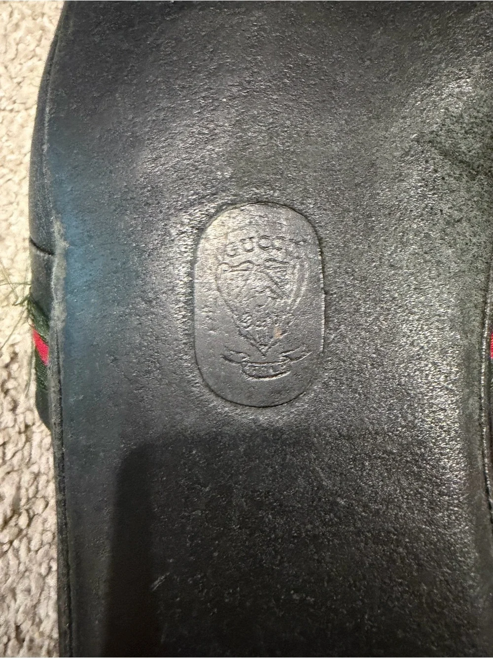 Vintage Gucci Black Pebble Leather Slippers/Mules with Green and Red Stripe